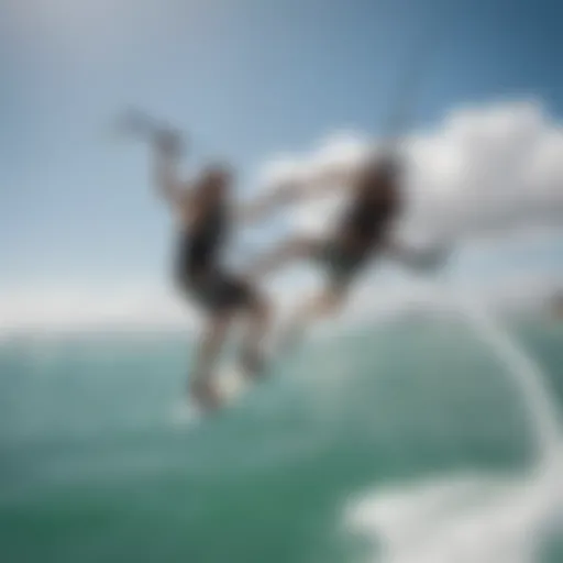 Aerial view of kiteboarder performing a stylish jump over crystal-clear waters