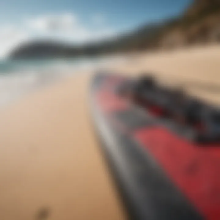 Close-up of intricate kiteboarding equipment against a vibrant beach backdrop