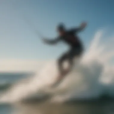 Panoramic shot capturing the dynamic motion of a kiteboarder slicing through waves