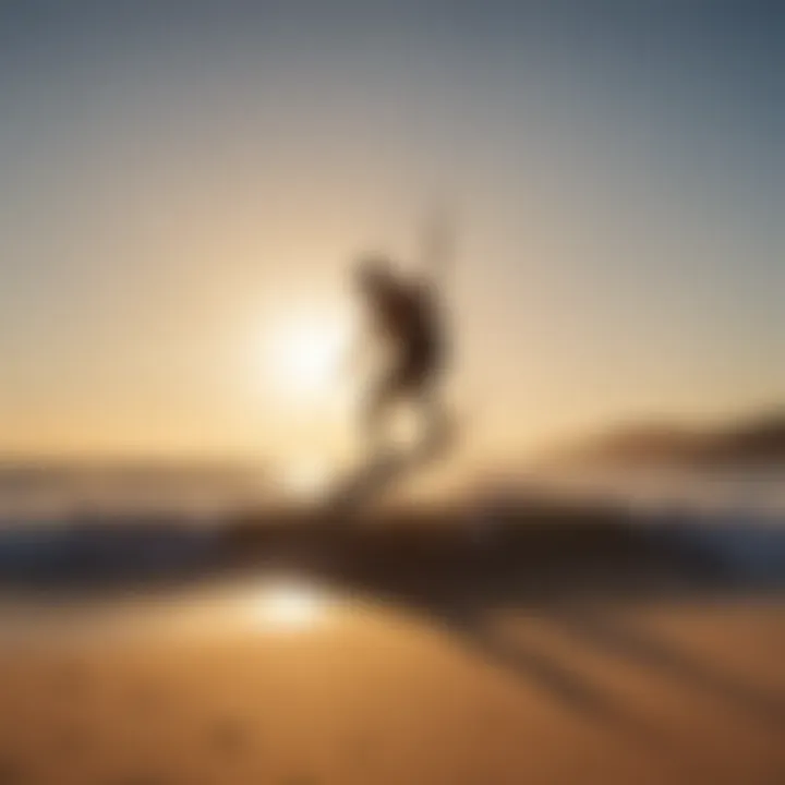 Silhouette of a kiteboarder at sunset, casting a striking shadow on the sandy shore