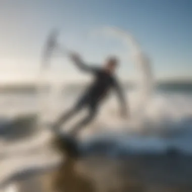 Close-up of kite surfer maneuvering through foamy waves