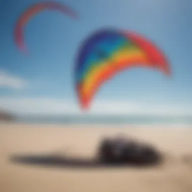 Colorful kite surfing equipment on sandy beach with clear blue sky