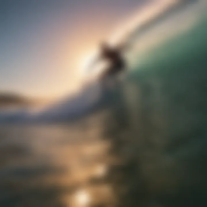 Surfer catching an epic sunset wave