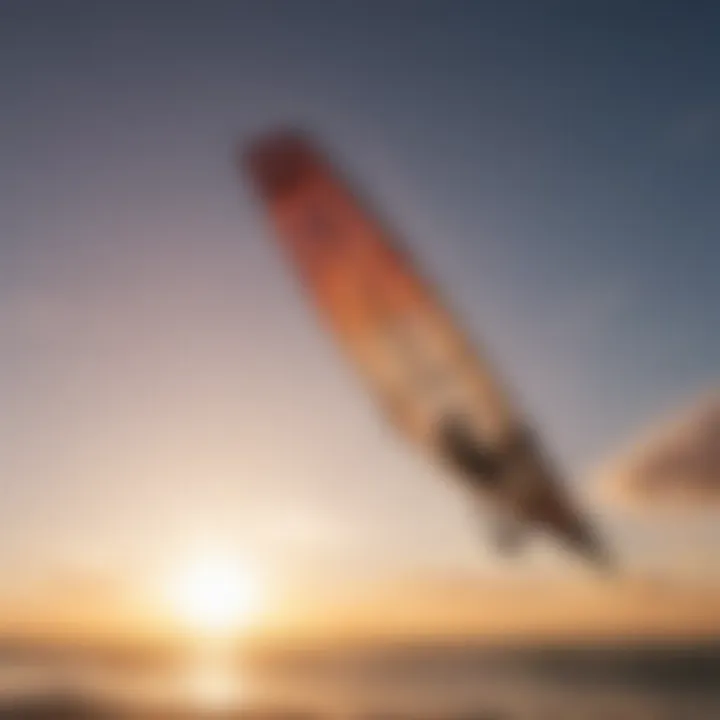 Close-up of kitesurfing board and kite against a vibrant sunset sky