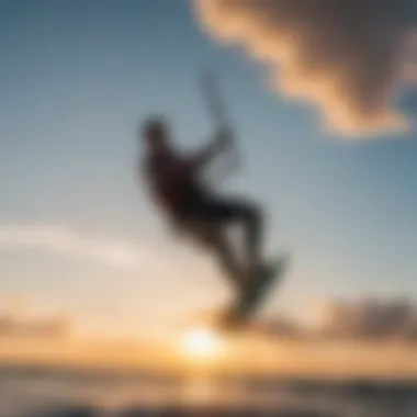 Silhouette of a kitesurfer performing a jump against a colorful sky