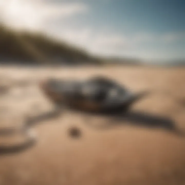 Close-up of kitesurfing equipment on a sandy beach