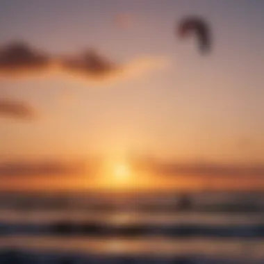 Silhouettes of kitesurfers at sunset with colorful kites against the sky