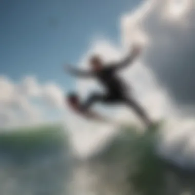 Close-up of kitesurfing board slicing through waves during high jump