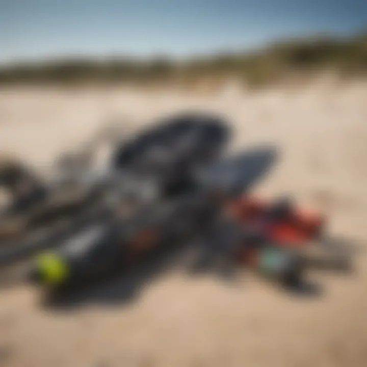 Close-up of kitesurfing equipment with beach in the background