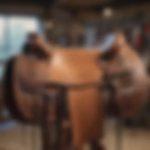 A vintage rodeo saddle on display