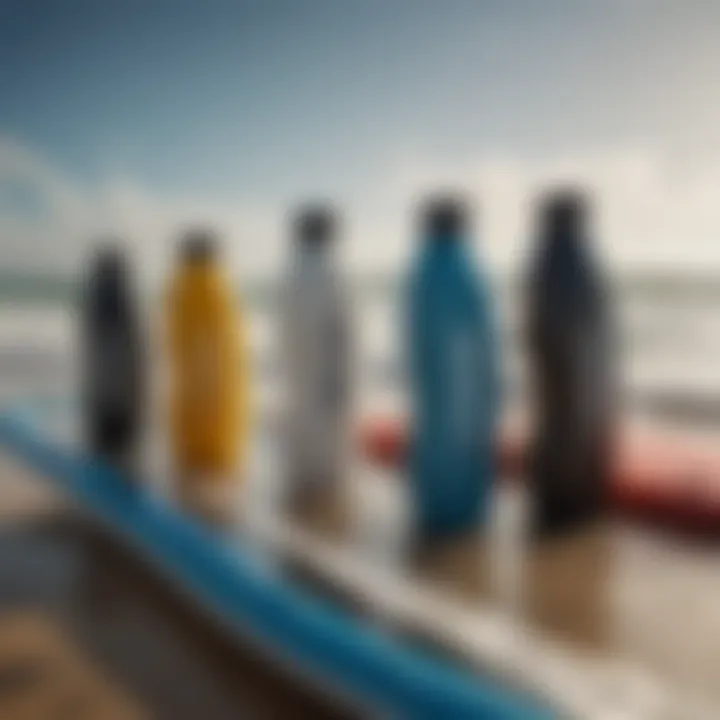 Various brands of wetsuit shampoo on a surfboard