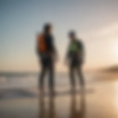 Kitesurfing enthusiasts discussing Vector Ezzy kites on the beach