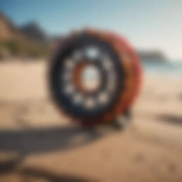 Vibrant kitesurfing equipment against a stunning beach backdrop