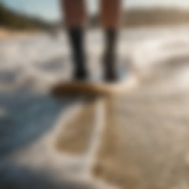 Close-up view of a wake surf board highlighting its features and construction materials.