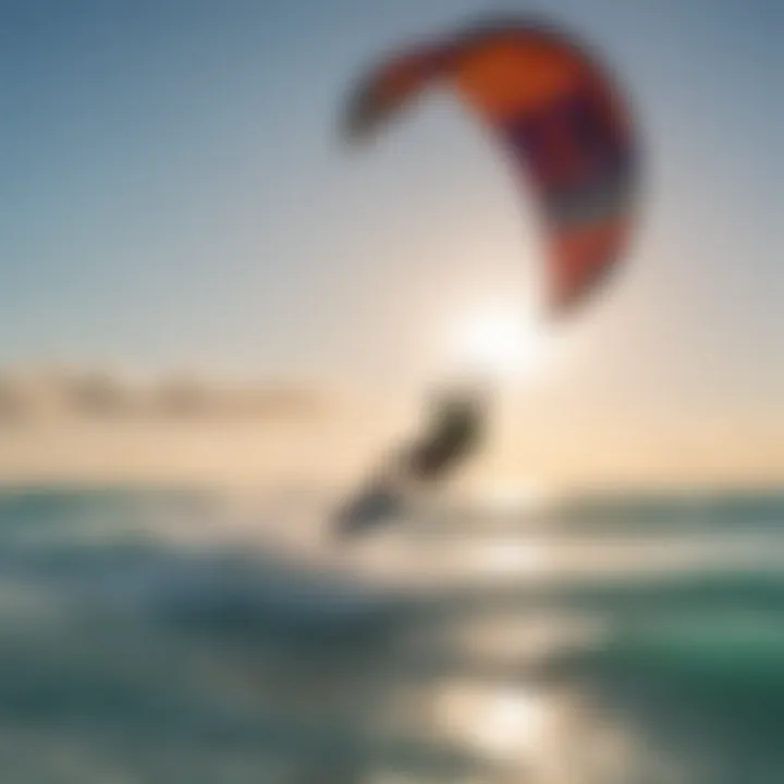 A kitesurfer gliding through the waves with vibrant kite in the clear December sky.