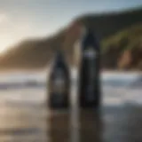 A bottle of wetsuit shampoo with waves in the background