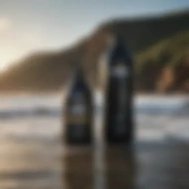 A bottle of wetsuit shampoo with waves in the background