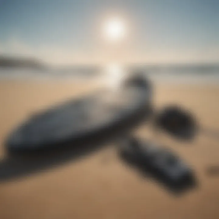 Kitesurfing gear laid out on the beach, highlighting wetsuit features