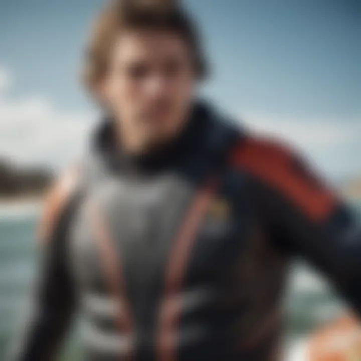 Close-up of a windsurfing dry suit showcasing its material and stitching quality.