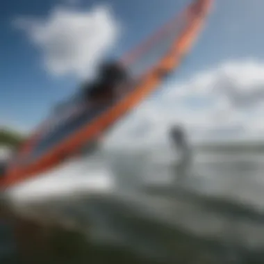 A close-up shot of windsurfing gear against the backdrop of Bellaire, MI's weather