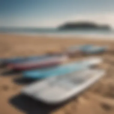 Diverse wing foil boards lined up on the beach for comparison