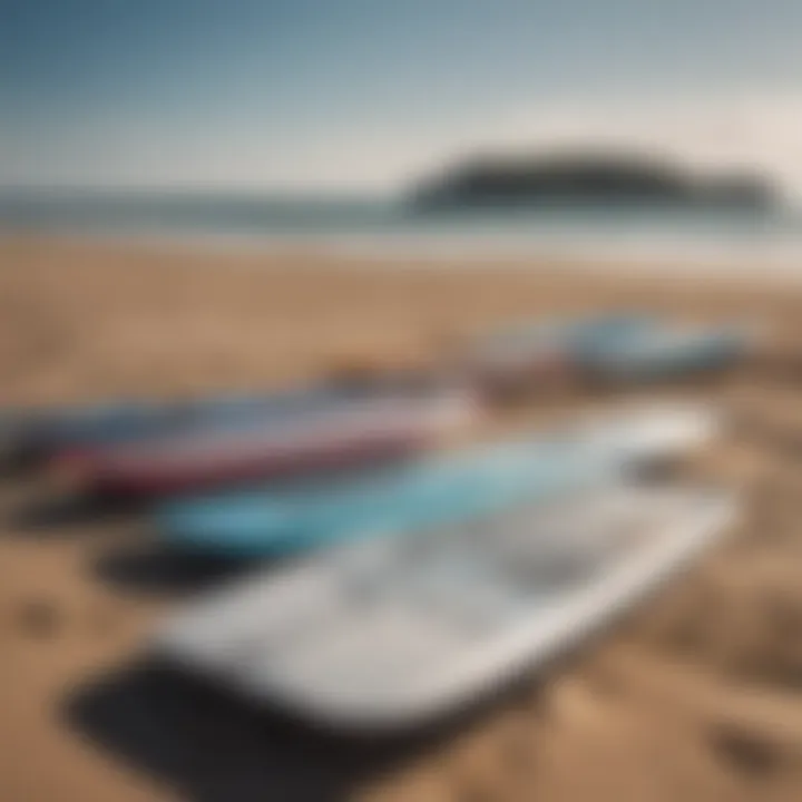 Diverse wing foil boards lined up on the beach for comparison