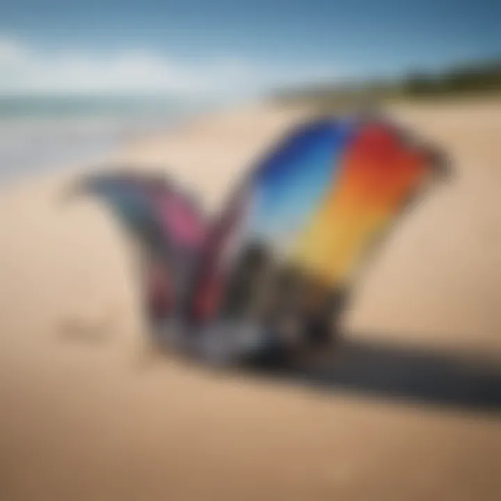 An array of kitesurfing wings displayed on a beach, highlighting the latest trends.