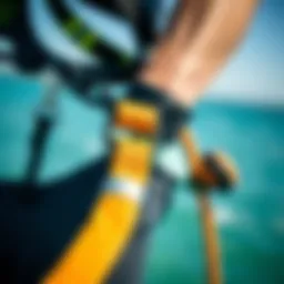Close-up of a wrist leash attached to a kitesurfing harness